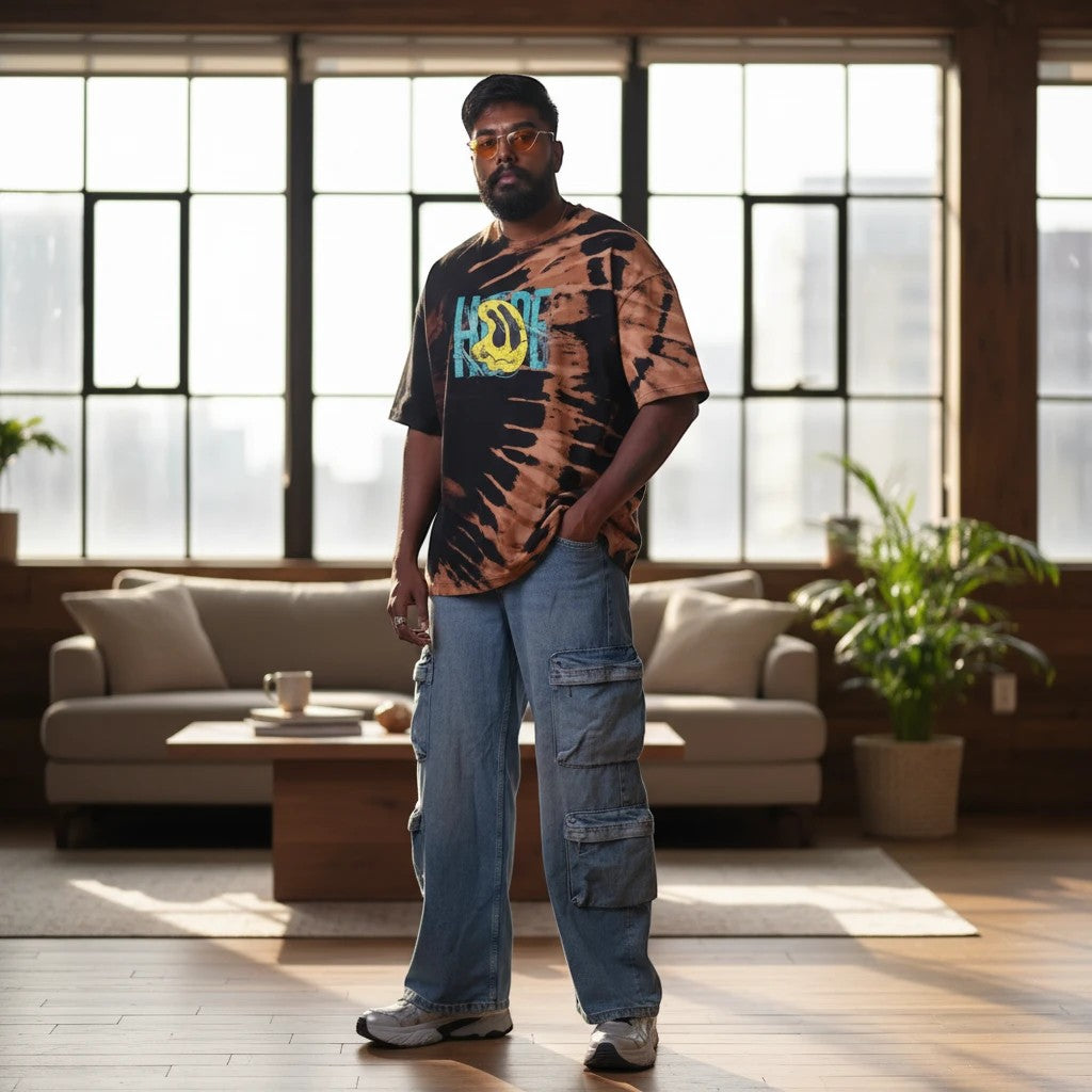 The Damn Denims oversized cotton t-shirt with black and rust tie-dye print, worn by a man with cargo jeans.